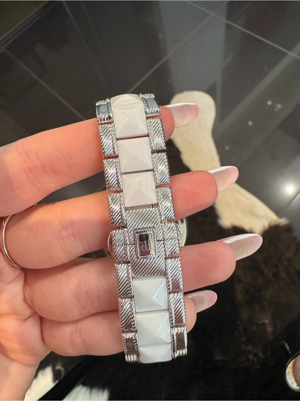 Judith Ripka Silvertone Watch White Pyramid Stud Stone Bezel Textured Link Band